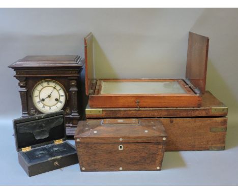 Various items, a 'Junghans' wooden cased mantel clock, a brass bound mahogany writing box, a folding dressing mirror, and a l