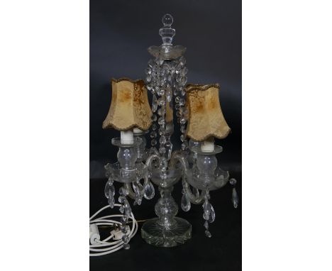 A vintage four branch cut glass table chandelier with original shades and crystal drops. H.59cm 