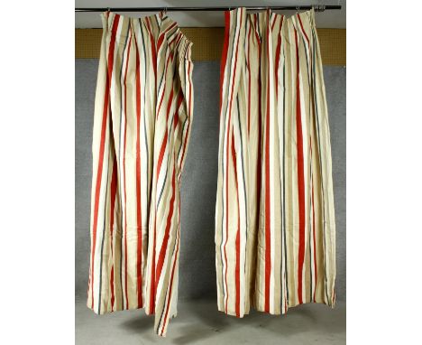 A pair of curtains in lined silk candy stripe material. H.215 W.88 W.140 