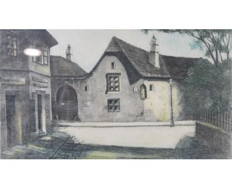 A C.1900 framed and glazed etching on silk, buildings through a gate, indistinctly signed. H.31.5 W.41.5cm 