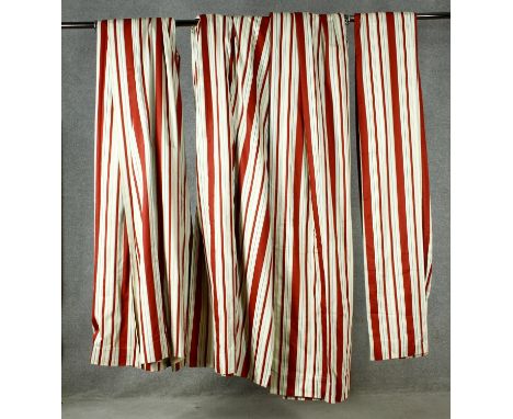 Two pairs of red and while lined striped silk curtains. H.270, top, W.55 bottom, W.180cm 