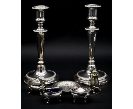 A collection of silver and silver plate. Including a white metal engraved trinket dish, a pair of Garrard &amp; Co silver pla