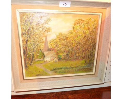 M A Stevens, an oil on canvas laid on board of a church in a wooded landscape, unsigned, framed 25 x 29cm  