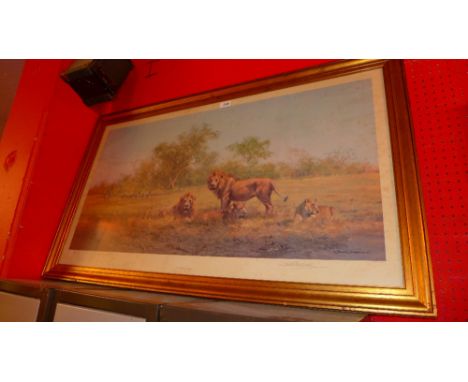 A signed David Shepherd print of lions and zebras in the savanna, framed 