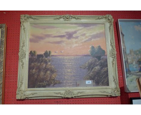 An oil on canvas lake scene at dusk with geese flying overhead together with a framed Mediterranean print  