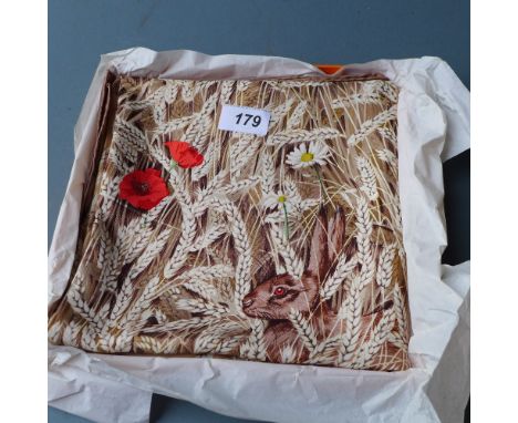 A Hermes ladies silk scarf decorated with British wildlife in a wheat field, boxed 