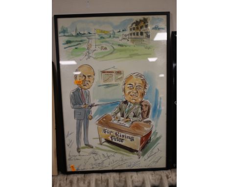 A CARTOON PRINT OF GOLFING INTEREST WITH NUMEROUS SIGNATURES