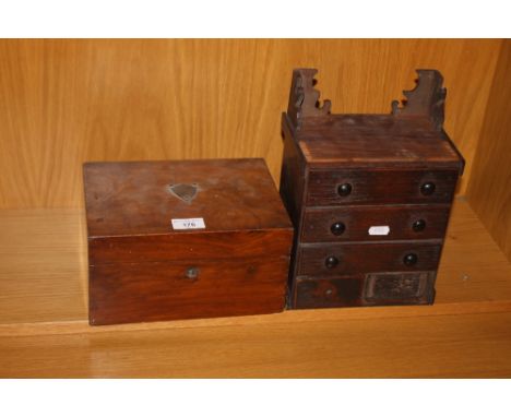 A VINTAGE SEWING BOX TOGETHER WITH A MINIATURE CHEST OF DRAWERS (2)