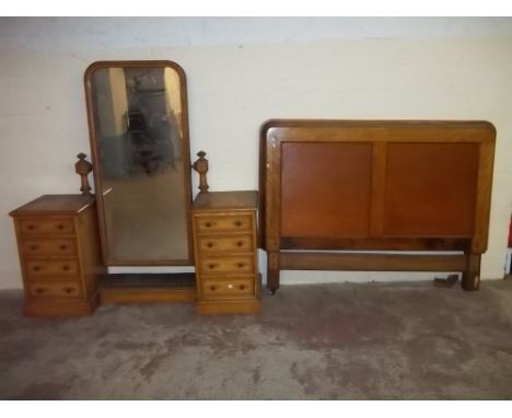 AN ANTIQUE TWIN PEDESTAL DRESSING TABLE  A/F TOGETHER WITH A HEADBOARD