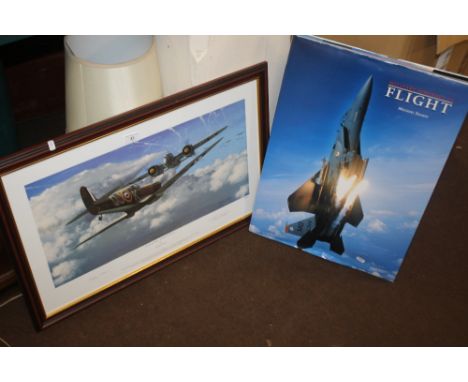 A FRAMED 'PHILIP E. WEST' LIMITED EDITION PRINT TITLED 'AGAINST ALL ODDS THE BATTLE OF BRITAIN' TOGETHER WITH A LARGE AVIATIO