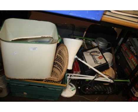 A QUANTITY OF SUNDRIES TO INCLUDE AN ENAMEL BREAD BIN, ANGLEPOISE LAMP ETC.