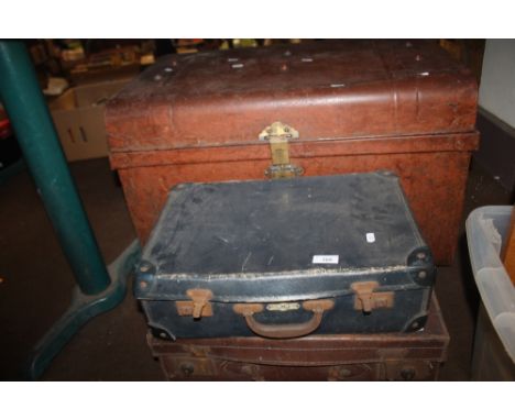 AN ANTIQUE TRUNK AND TWO VINTAGE SUITCASES