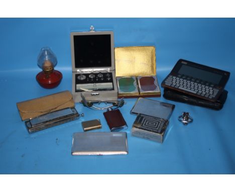 A QUANTITY OF COLLECTABLES TO INCLUDE PLAYING CARDS, LIGHTER, HIP FLASK, HARMONICA ETC.