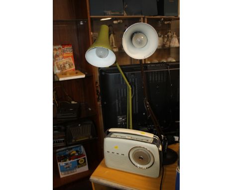 A VINTAGE BUSH RADIO TOGETHER WITH TWO ANGLE POISE LAMPS