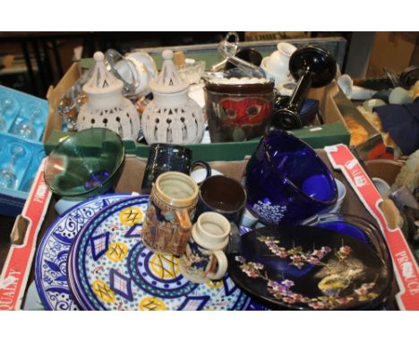 TWO TRAYS OF CERAMICS TO INCLUDE TANKARDS, CANDLESTICK HOLDERS ETC. (NOT INCLUDING TRAYS)