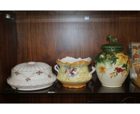 A VINTAGE LAMP SHADE TOGETHER WITH A LIDDED JAR AND A TWIN HANDLED VASE