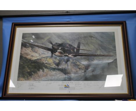 A FRAMED LIMITED EDITION 'JOHN D. SHAW' AVIATION PRINT TITLED 'TIGERS IN THE GORGE' WITH VARIOUS SIGNTURES 102/300