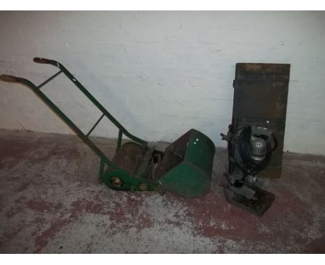 A VINTAGE PUSH MOWER AND A WOLF PILLAR DRILL TOGETHER WITH A TOOL BOX