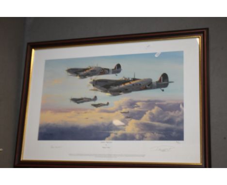 A FRAMED SIGNED LIMITED EDITION 'PHILIP E. WEST' AVIATION PRINT TITLED 'SPITFIRES HIGH PATROL' 20/150