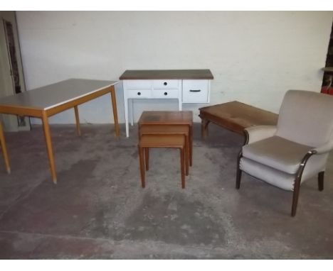 A VINTAGE TEAK NEST OF TABLES AND THREE OTHER TABLES ETC.