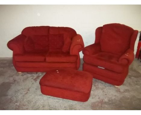 A THREE PIECE SUITE - TWO SEATER SETTEE, ONE CHAIR, ONE POUFFE, CHENILLE FABRIC