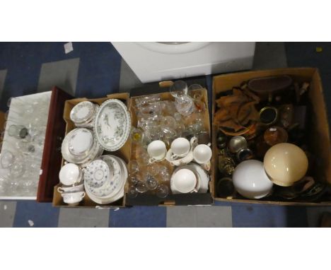 Four Boxes Containing China, Glassware, Metalwares, Binoculars, Camera etc 