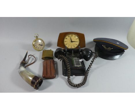 A Collection of Curios to include East German Air Force Hat, Push Button Vintage Phone, Mantel Clock and Alarm Clock, Cigar C