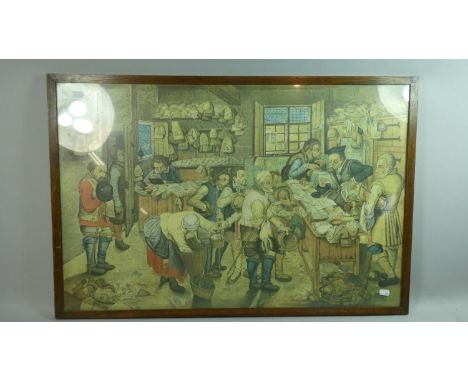 A Large Oak Framed Print, Tax Collector's Office, 81cm wide, After Breughel 1615 
