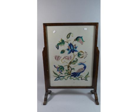 An Edwardian Silk Embroidered Oak Framed Fire Screen, 55cm Wide 