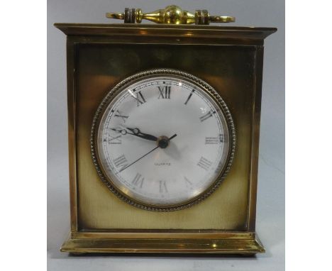 A Heavy Brass Cased Carriage Clock with Quartz Battery Movement, Working Order, 15cms High (Max) 