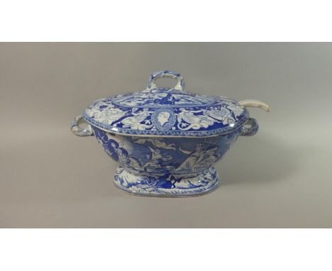 A 19th Century Blue and White Two Handled Lidded Tureen, Neptune Pattern with Unrelated Blue and White Ladle 