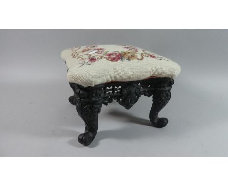 A Reproduction Cast Iron Based Tapestry Topped Stool with Scrolled Feet, 28cms Square 