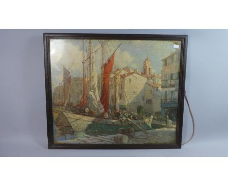 A Framed Terrick Williams Print Depicting Mediterranean Harbour with Ship being Loaded, 57cm Wide 
