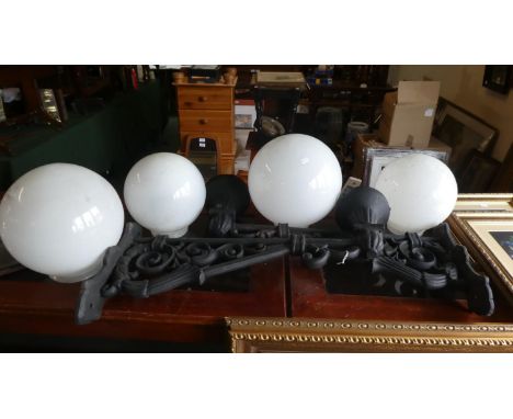 A Pair of Modern Cast Iron Wall Mounting Outside Light Brackets, 74cm Long Together with Two Pairs of Opaque Glass Globular S