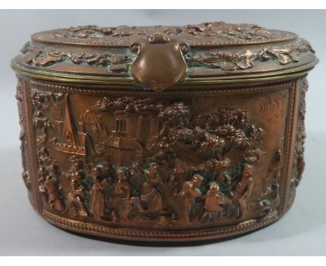 A 19th Century Oval French Copper Jewellery Casket decorated in Relief with Musketeers, Tavern and Hunting Scenes Etc, Hinged