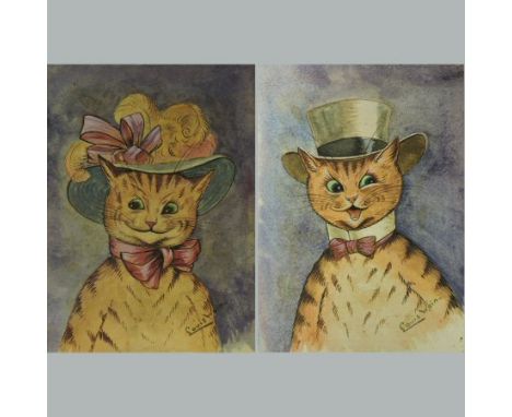 Style of Louis Wain, a portrait of a comical cat wearing a hat, together with the companion a pair, bearing signature, waterc