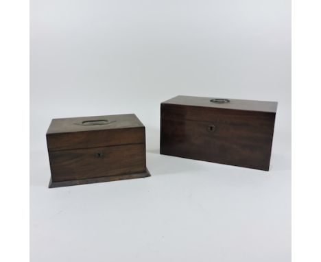 A Regency mahogany tea caddy, 30cm, fitted with an engraved glass bowl, together with a smaller mahogany box