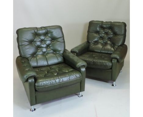 A pair of 1970's Danish green upholstered button back armchairs