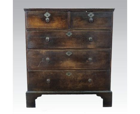 An 18th century oak chest, containing two short over three long drawers, on bracket feet, 95cm 