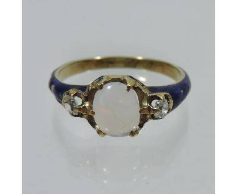 A Victorian gold, blue enamel diamond set and moonstone ring, boxed