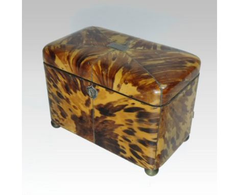 A Regency blonde tortoiseshell tea caddy, of plain rectangular shape, the hinged lid revealing dual lidded compartments, with