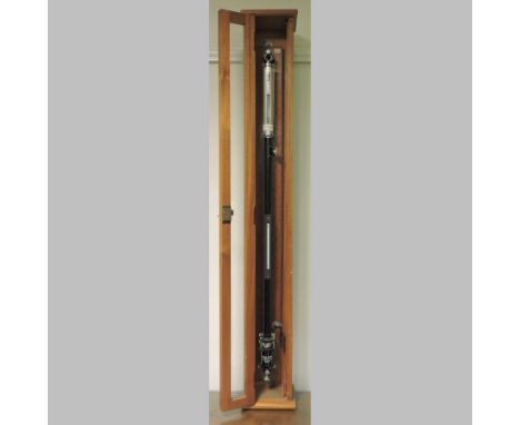 A mid 20th century laboratory stick barometer, the silvered dial numbered P344, in a glazed teak case, 118cm tall