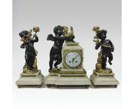 A 19th century French white alabaster, bronze and ormolu mounted three piece clock garniture, with a painted enamel dial, sur