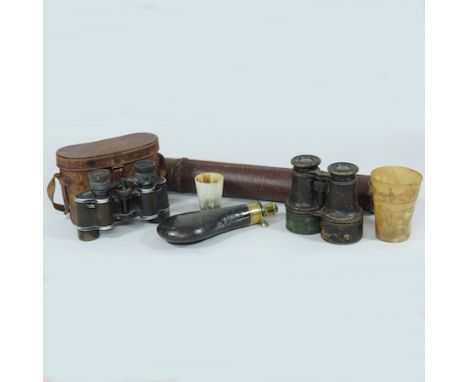 A brass telescope, together with a brass mounted powder flask, stamped G. and J. W. Hawksley, two pairs of early 20th century