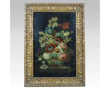 Attributed to R. Nightingale, still life of flowers, oil on canvas, 46 x 30cm, dated 1866 to reverse, 46 x 30cm, bearing a ga