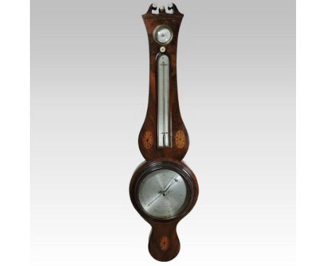 A 19th century mahogany and chevron strung cased wheel barometer, the swan neck pediment centred by an ivory finial, inlaid w
