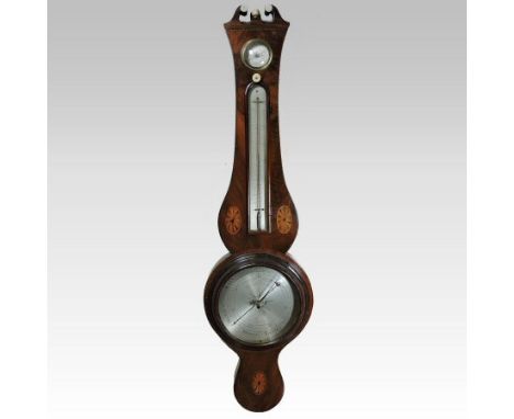 A 19th century mahogany and chevron strung cased wheel barometer, the swan neck pediment centred by an ivory finial, inlaid w