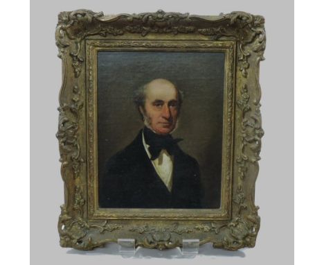 English School, 19th century, a head and shoulders portrait of a gentleman, wearing a black coat, oil on canvas, 26 x 20cm