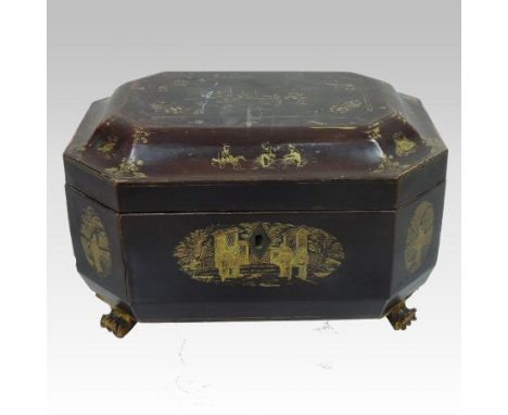 An 18th century Chinese export black lacquer tea caddy, with all over gilt painted decoration, the interior fitted with a pai
