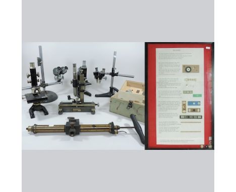 A Vernier microscope, by The Precision Tool and Instrument Co. Ltd, together with two microscopes, a pump, three other instru
